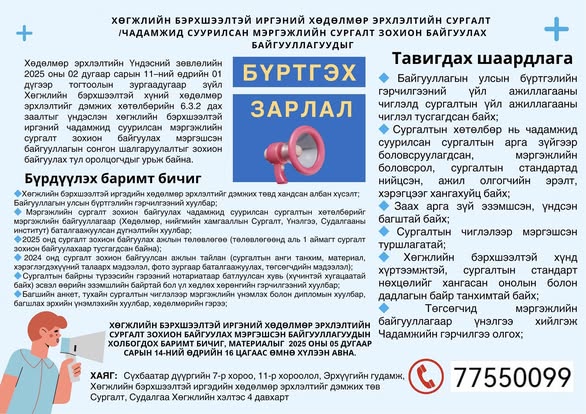 ХӨГЖЛИЙН БЭРХШЭЭЛТЭЙ ИРГЭНИЙ ХӨДӨЛМӨР ЭРХЛЭЛТИЙН СУРГАЛТ /ЧАДАМЖИД СУУРИЛСАН МЭРГЭЖЛИЙН СУРГАЛТ/ ЗОХИОН БАЙГУУЛАХ БАЙГУУЛЛАГУУДЫГ БҮРТГЭХ ЗАРЛАЛ