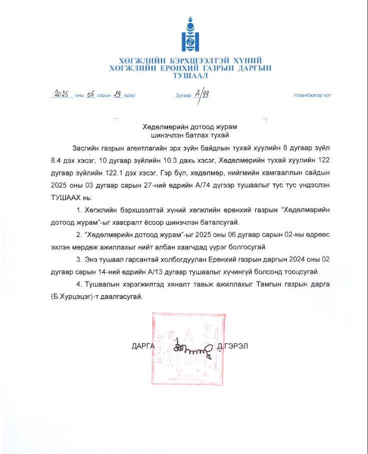 ХӨДӨЛМӨРИЙН ДОТООД ЖУРАМ ШИНЭЧЛЭН БАТЛАХ ТУХАЙ 
